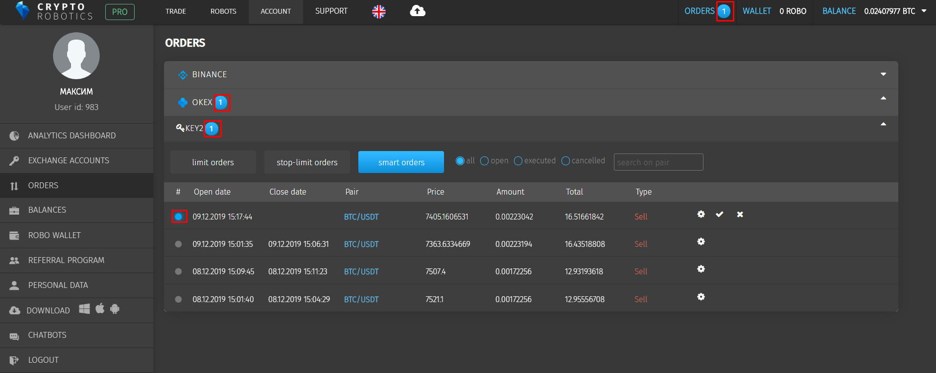 Orders monitoring in Cryptorobotics