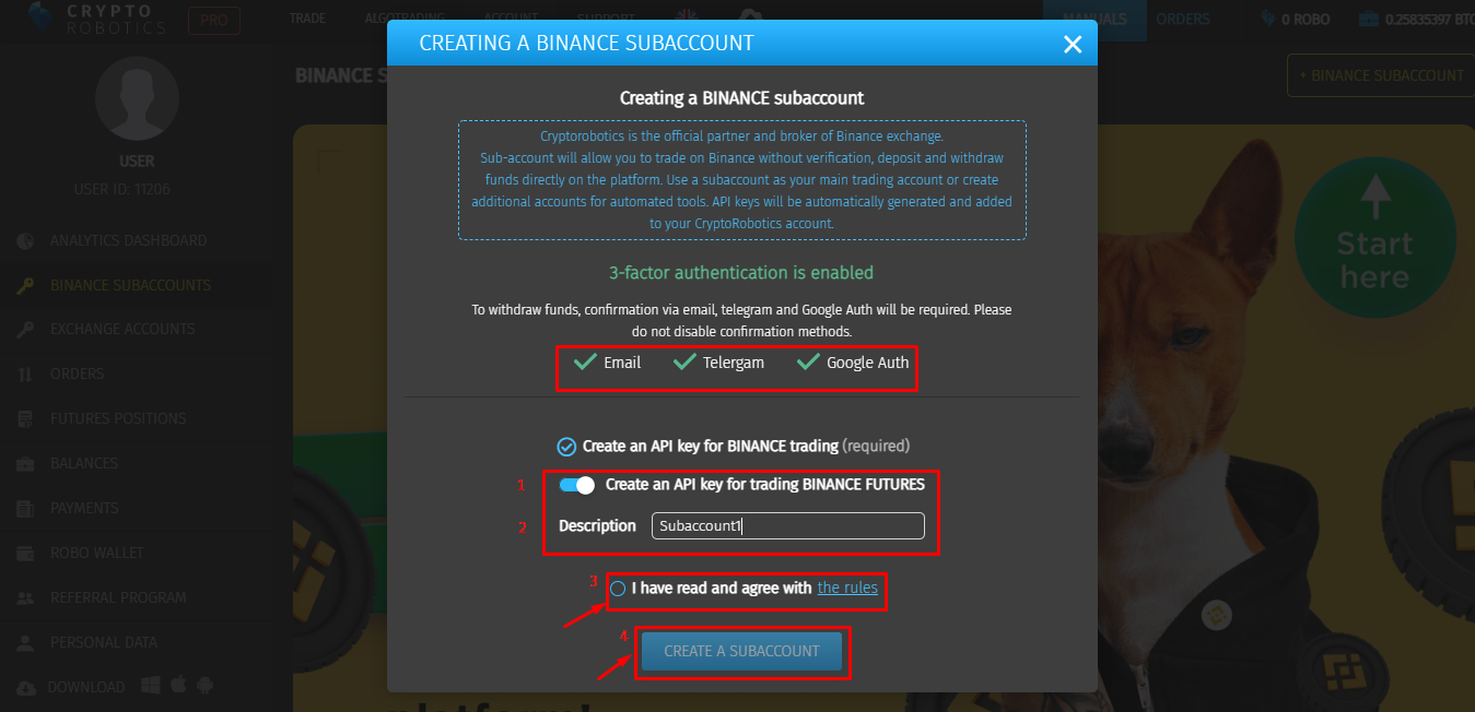 Creating a Binance subaccount via Cryptorobotics platform