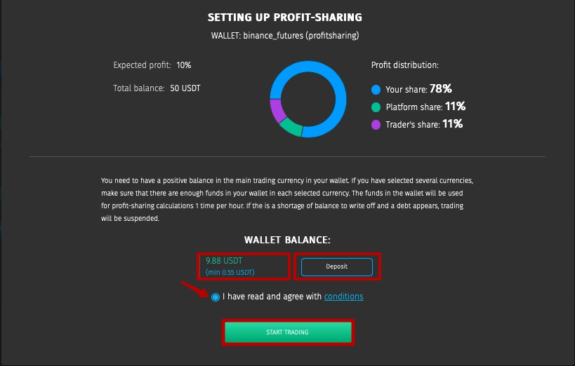 Setting up profit sharing on crypto trading platform