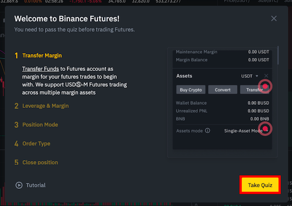 Take Quiz button on Binance Futures